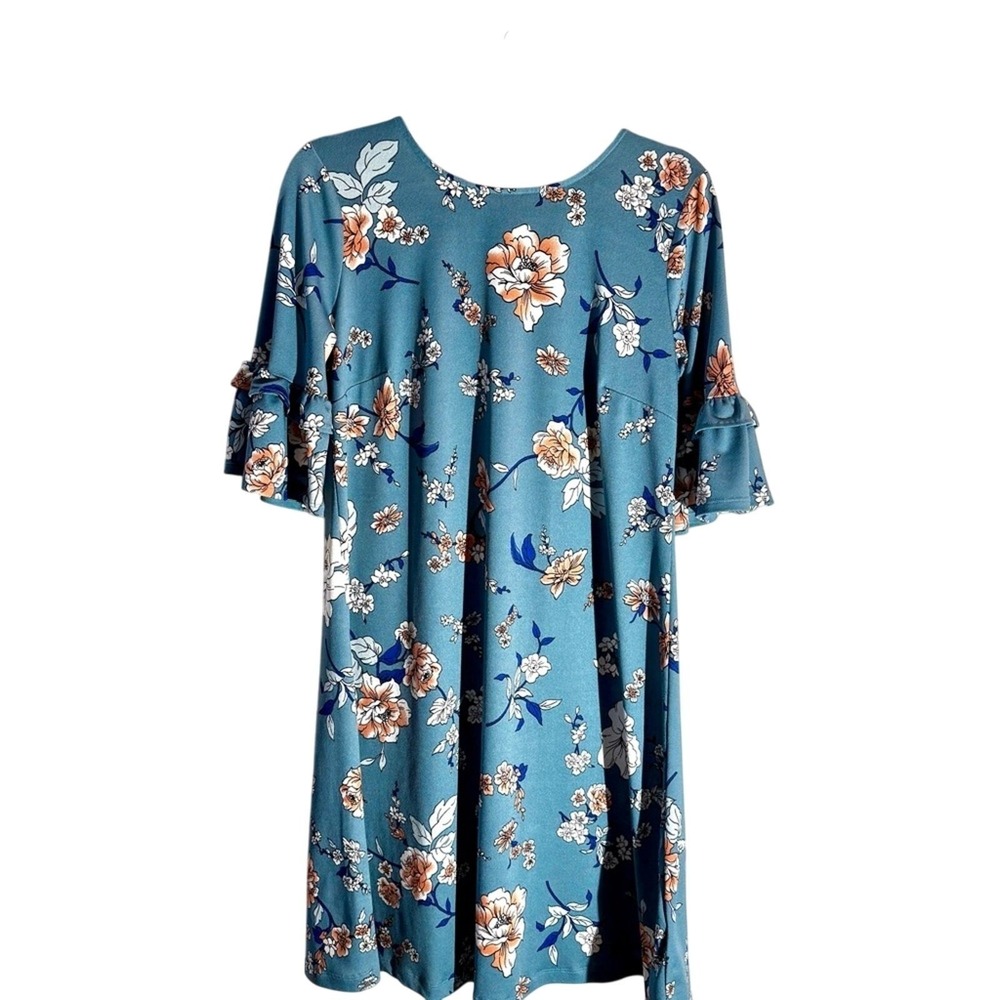 Jules & Leopold Teal Floral Ruffle Midi Dress Med Bell Sleeve Dainty Fairy Boho